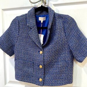 Skies Are Blue Tweed Blazer in Blue and Gold